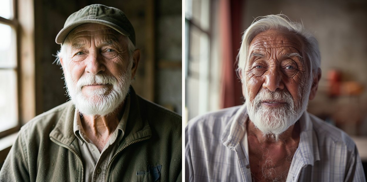 Two portraits of an elderly man generated from the same prompt and seed, FLUX.2 klein on the left and FLUX.3 klein on the right