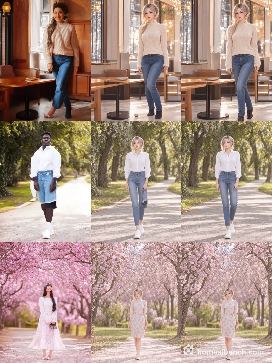 Three scenes, each made three ways: the base model without a LoRA, the v1.4 LoRA with only its trigger word, and v1.4 with the words "realistic photo" added