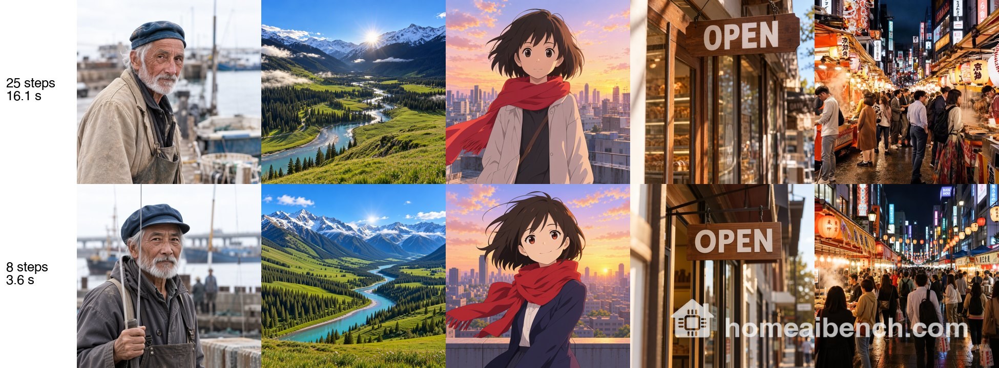 Five pictures from MOSS-Image SFT at 25 steps in the top row and the same prompts and seed with the 8-step LoRA in the bottom row