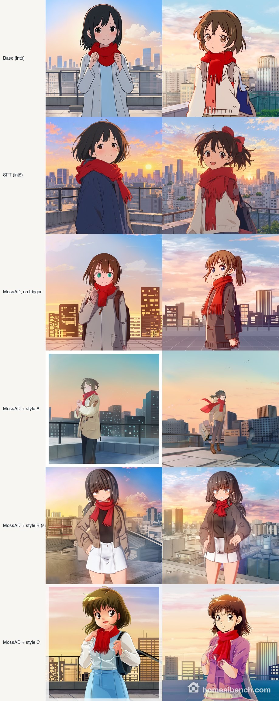 One anime prompt, two seeds in columns, six model variants in rows: Base, SFT, MossAD with no trigger, and MossAD with three style triggers