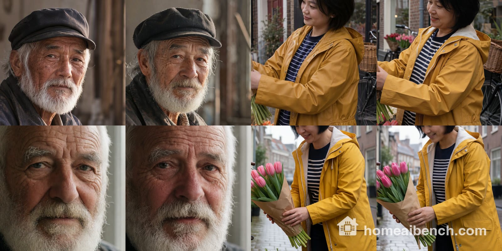 Close crops: the fisherman and the flower-stall woman, MOSS alone and Mix A on the top rows, Krea alone and Mix B on the bottom rows
