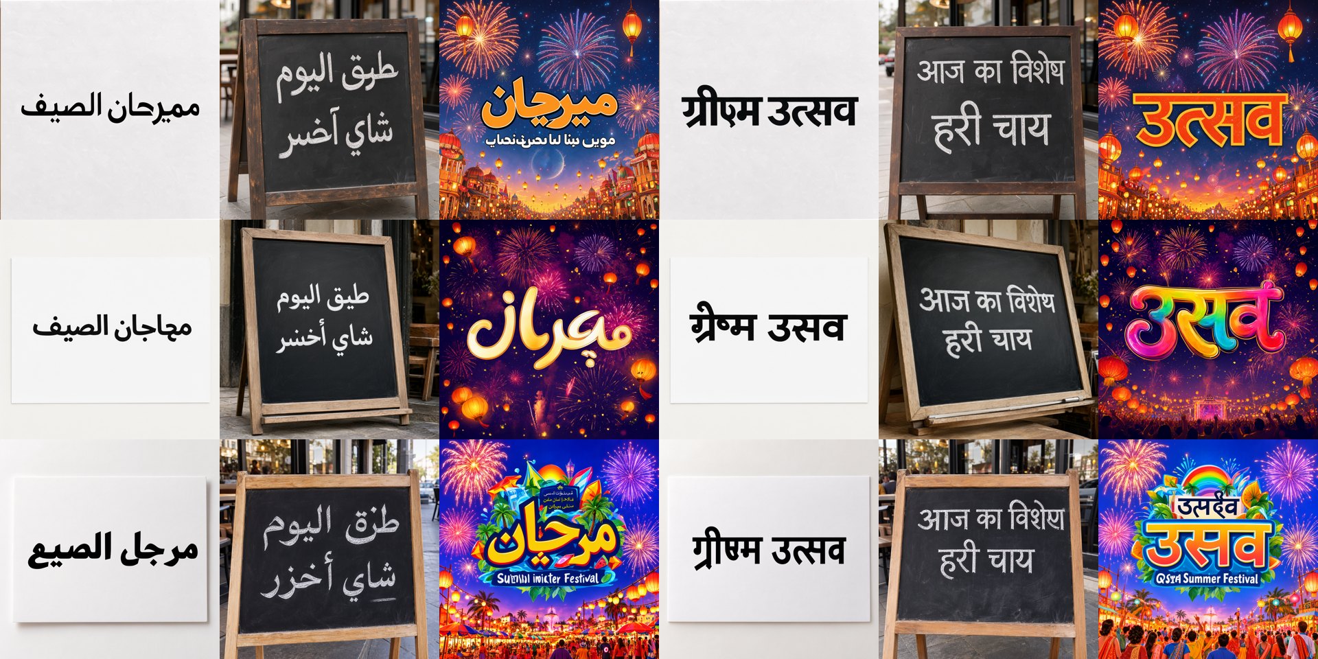 Arabic and Hindi text on plain cards, chalk menus and festival posters from FLUX.3 klein, Qwen-Image 2.1 and MOSS-Image