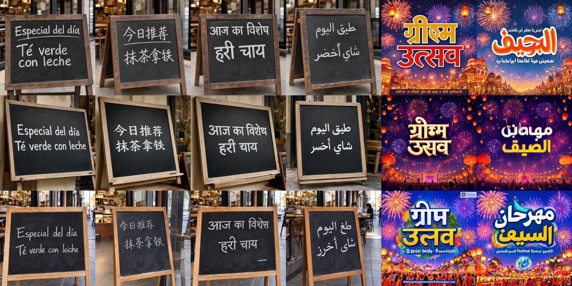 Chalk menus and festival posters in Spanish, Chinese, Hindi and Arabic rendered by FLUX.3 klein, Qwen-Image 2.1 and MOSS-Image SFT