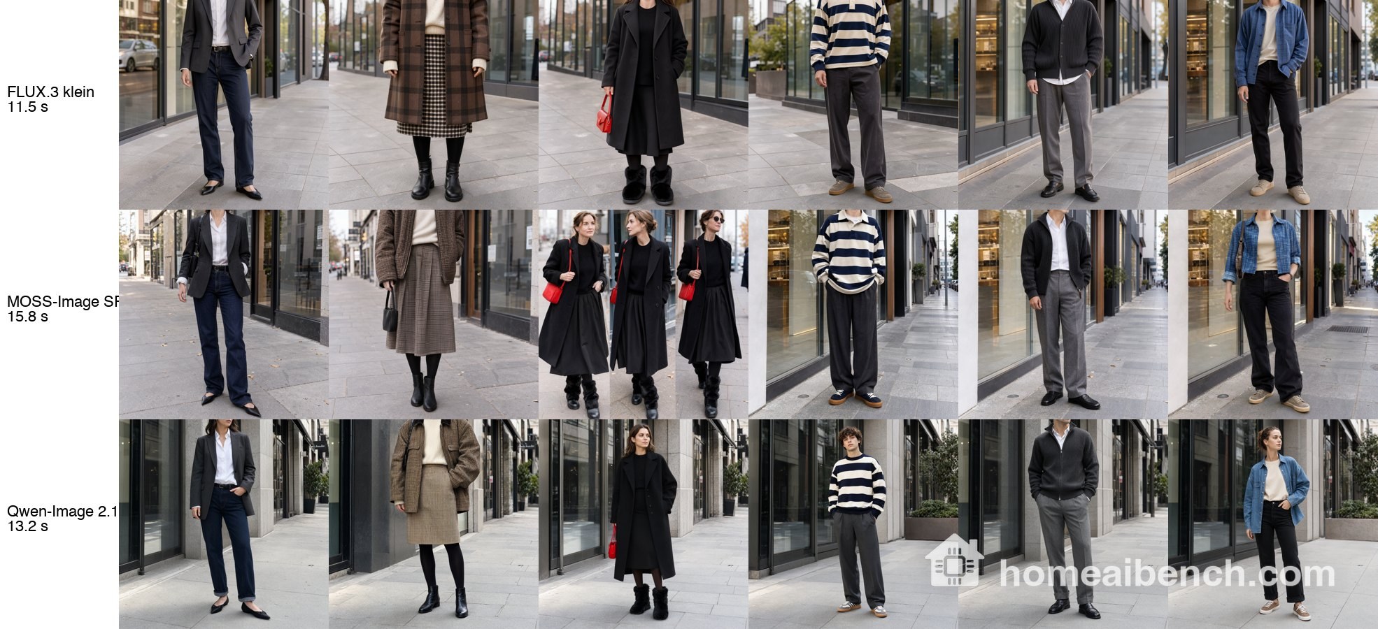 Six outfits (peplum blazer, mixed checks, all black with red bag, rugby shirt, zip cardigan, cropped flannel) drawn by FLUX.3 klein, MOSS-Image SFT and Qwen-Image 2.1