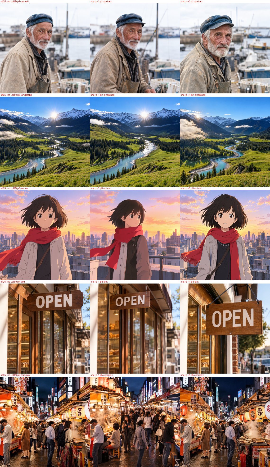 Five standard prompts rendered by MOSS-Image SFT without a LoRA, with the sharpness slider at -1 and at +1