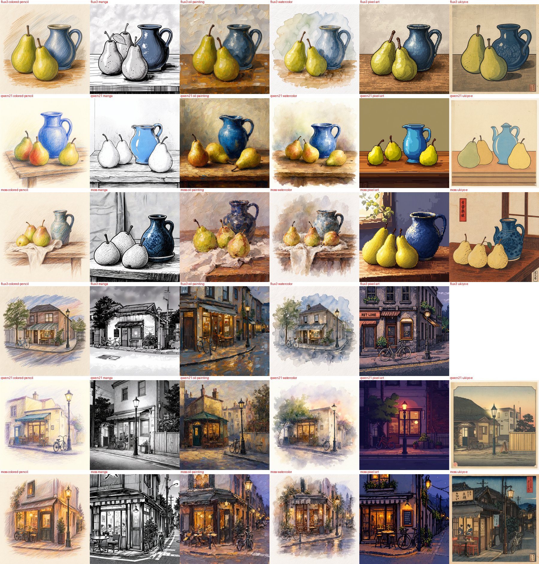 A still life of pears and a jug and a street corner cafe in six art styles, rendered by FLUX.3 klein, Qwen-Image 2.1 and MOSS-Image SFT